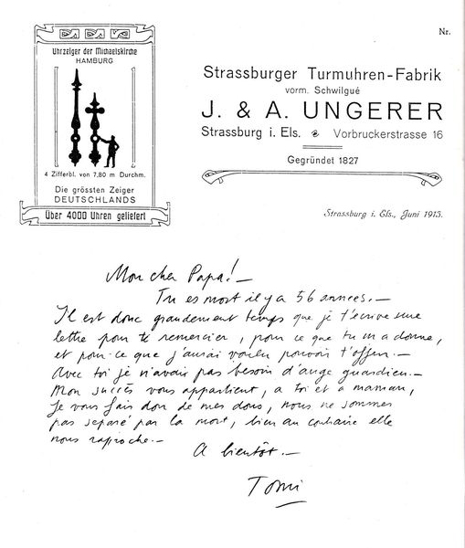 Tomi Ungerer rédige une lettre à son père Théodore Ungerer, sur du papier à en-tête de son grand-père.