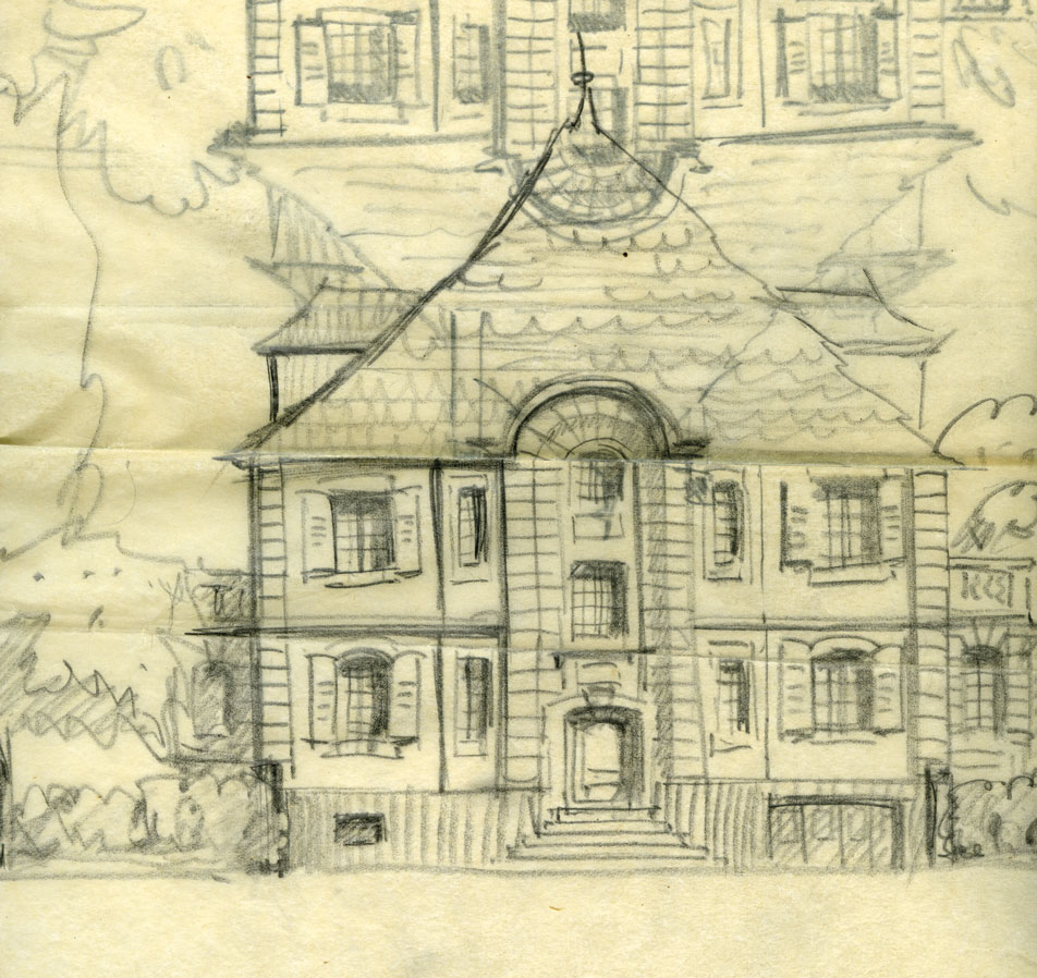 Dessin sur calque de Théodore Ungerer pour la construction de la maison au 18 rue Jean-Jacques Rousseau.