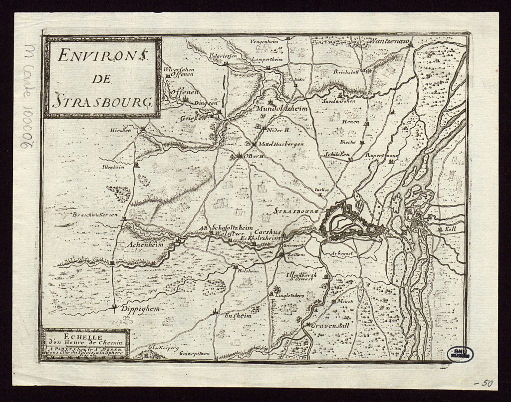 Plan des environs de Strasbourg avec une échelle d'une heure de chemin.