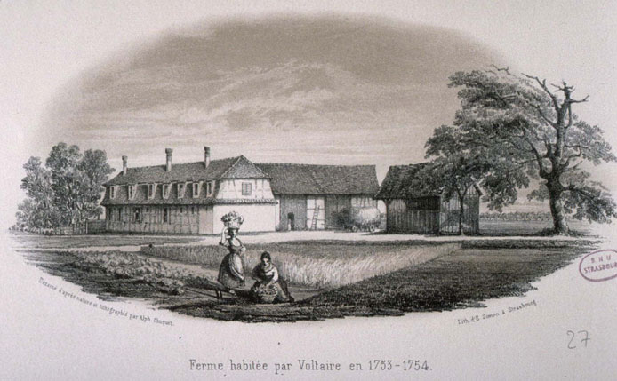 Carte postale de la ferme habitée par Voltaire en 1753-1754.