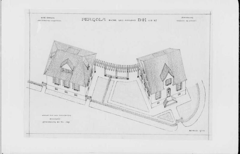 Le dessin représente l'aménagement paysager et architectural d'une pergola reliant deux habitations (les maisons D et H) dans la cité-jardin Ungemach à Strasbourg (daté de mai 1927).   
