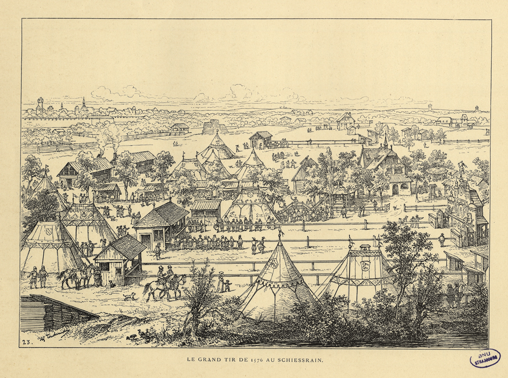 Gravure du champ de tir (Schiessrain) de la ville qui s’étend de la porte des Juifs jusqu'au Wacken.