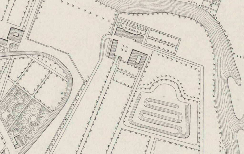 L'île Jars qui ne s'appelait pas encore le Tivoli. On distingue le château de l'île Jars avec sa ferme et un bâtiment pour le rangement des outils de la ferme. La boucle de l'Aar en haut à droite et le parc en bas à gauche. Le serpentin était une zone inondable en hiver pour faire du patin à glace. Plan de 1836.