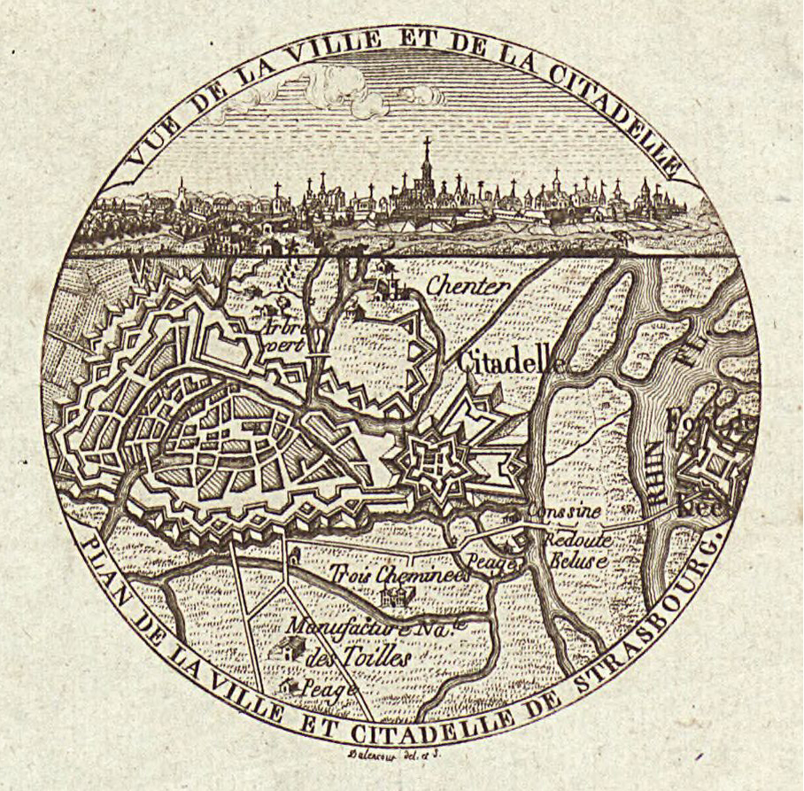 Dalencour. Cartographe. Plan de la ville et citadelle de Strasbourg
; Vue de la ville et de la citadelle / Dalencour del. et s.
