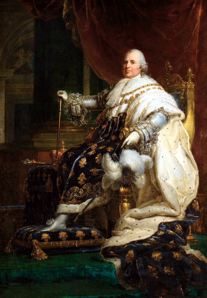 Louis XVIII, né le 17 novembre 1755 à Versailles, est roi de France et de Navarre du 6 avril 1814 au 20 mars 1815 puis du 8 juillet 1815 à sa mort,
le 16 septembre 1824, à Paris.